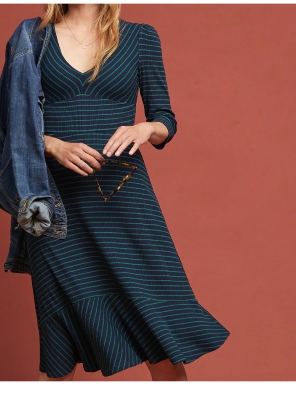 Maeve Anthropologie Flores Striped V-Neck 3/4 Sleeve Fit &Flare Midi Dress Large